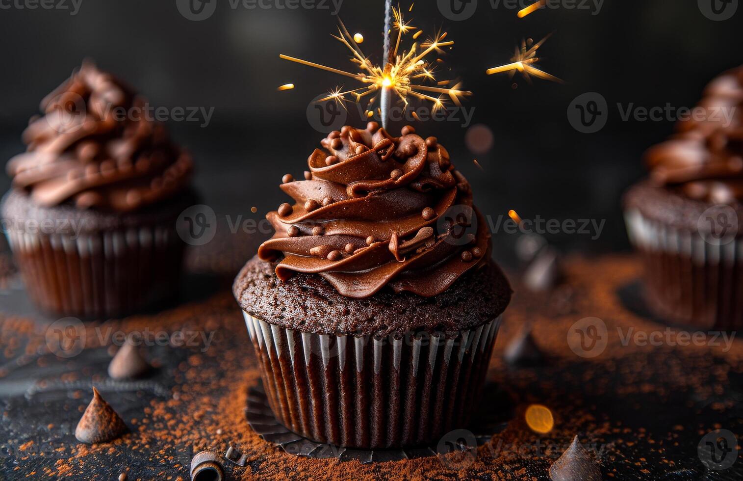 Festive chocolate cupcakes. Chocolate cupcakes with rich frosting are topped with a sparkling candle, creating a festive atmosphere for celebration. photo