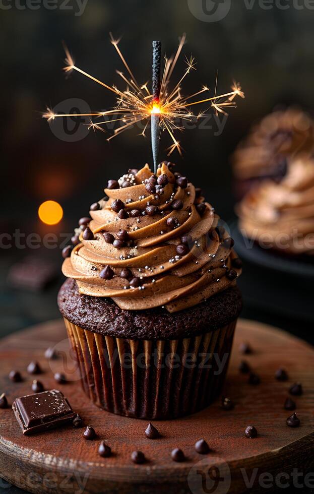 Chocolate cupcake with sparkler on top. A chocolate cupcake with rich frosting topped with a sparkler glows against a dark backdrop, creating a festive mood. photo