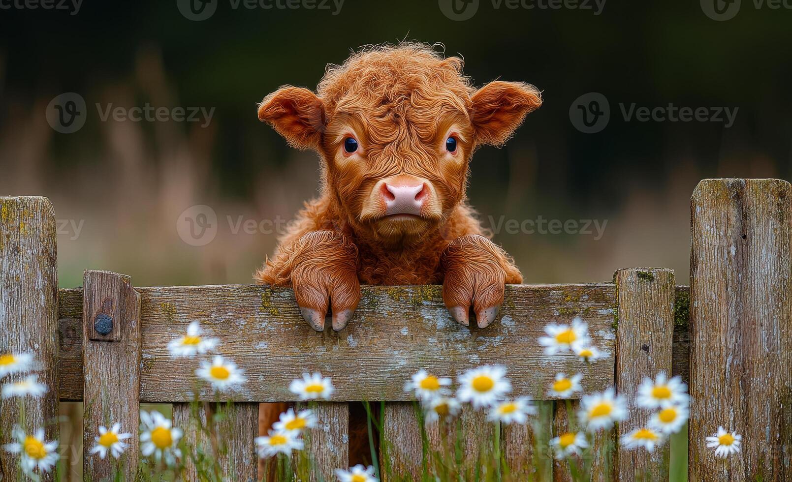 Curious calf peeks over a wooden fence. A young calf with fluffy orange fur curiously looks over a wooden fence surrounded by daisies in a sunny field. photo