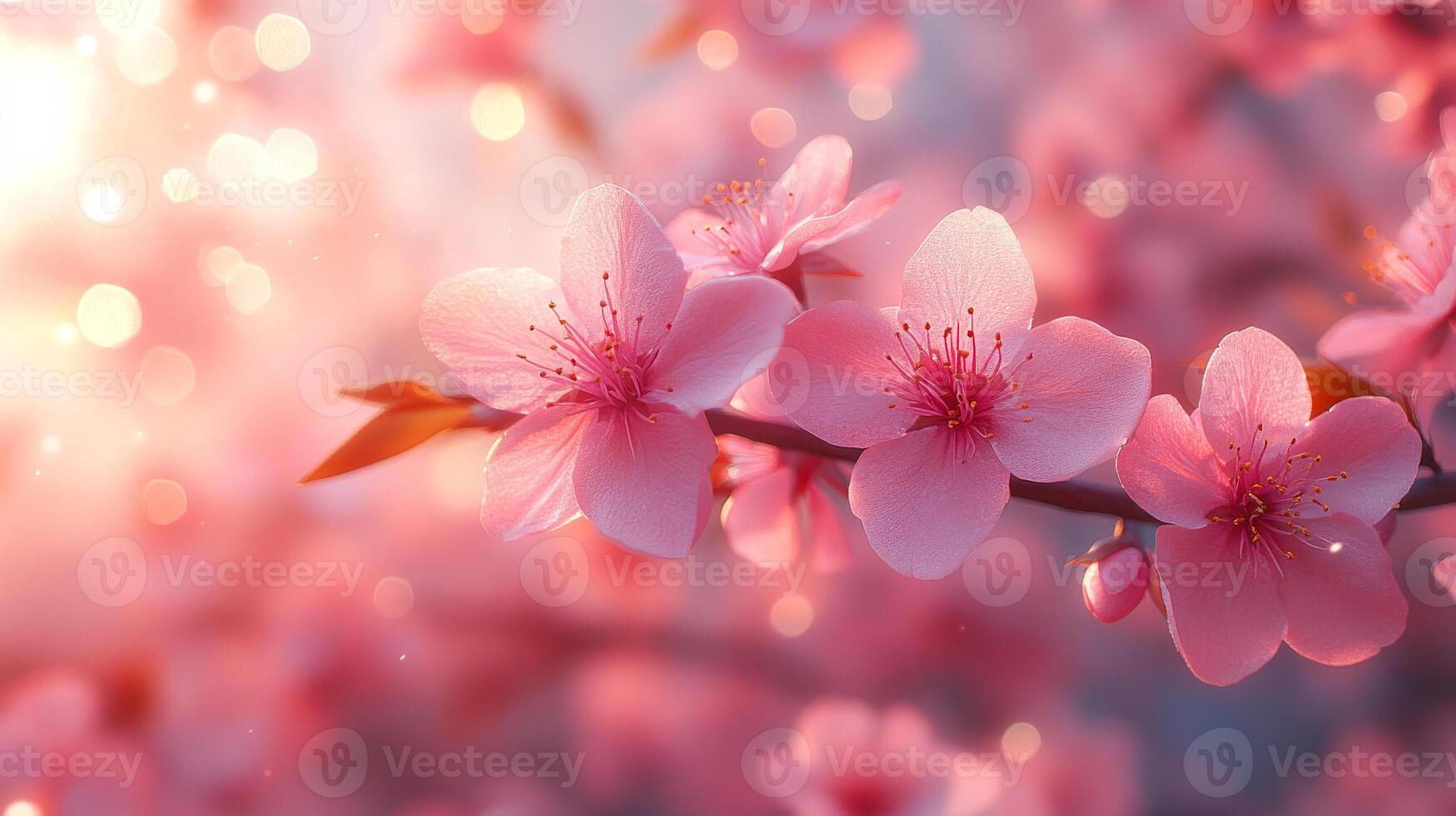 Cherry blossoms bloom in spring sunlight. Delicate pink cherry blossoms grace a tree branch, illuminated by warm sunlight in early spring. photo