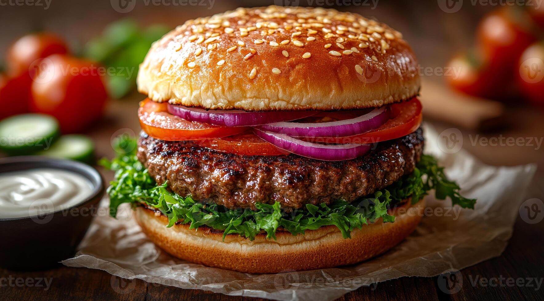 Juicy burger with fresh toppings. A delicious burger stacked with lettuce, tomatoes, onions, and served with a side of creamy sauce on a wooden table. photo