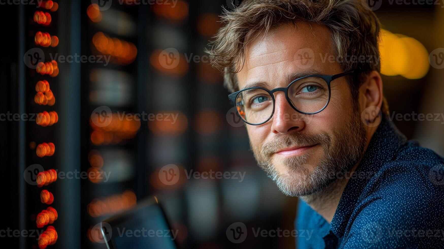 Smiling man by server racks. A man with glasses smiles while seated close to glowing server racks in a modern technology space. photo