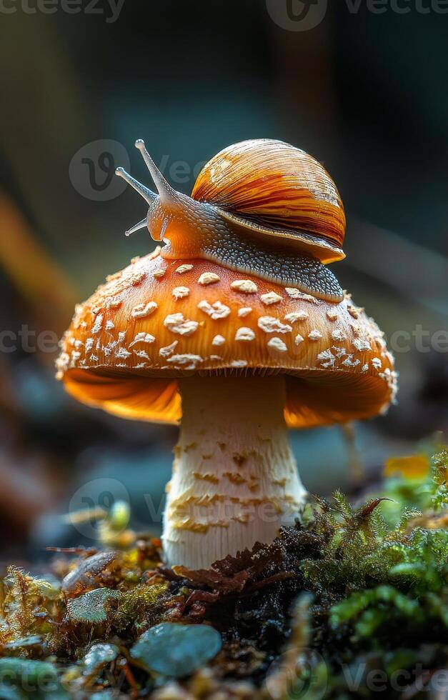 Snail on a vibrant mushroom in nature. A snail slowly crawls atop a bright orange mushroom in a lush forest setting, capturing the beauty of nature's details. photo