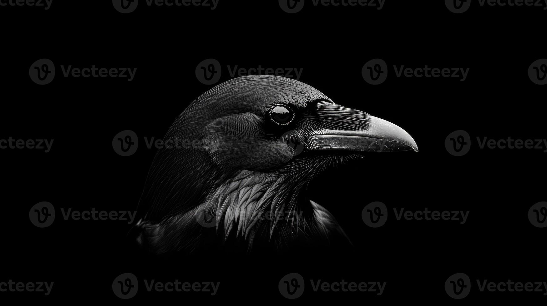 Black bird close up in low light. A black bird with sharp features gazes intensely in soft light, revealing intricate details of its feathers and eye. photo