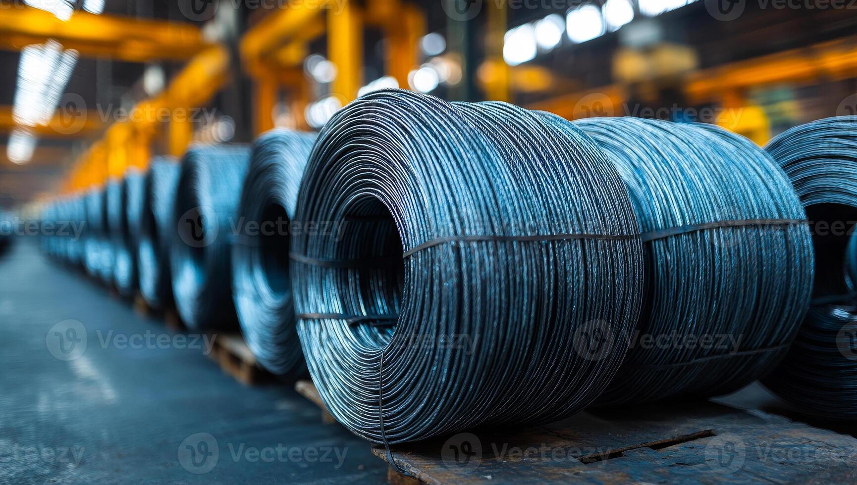 Steel wire coils in warehouse. Steel wire coils are neatly stored in a large warehouse, displaying organized materials handling. photo