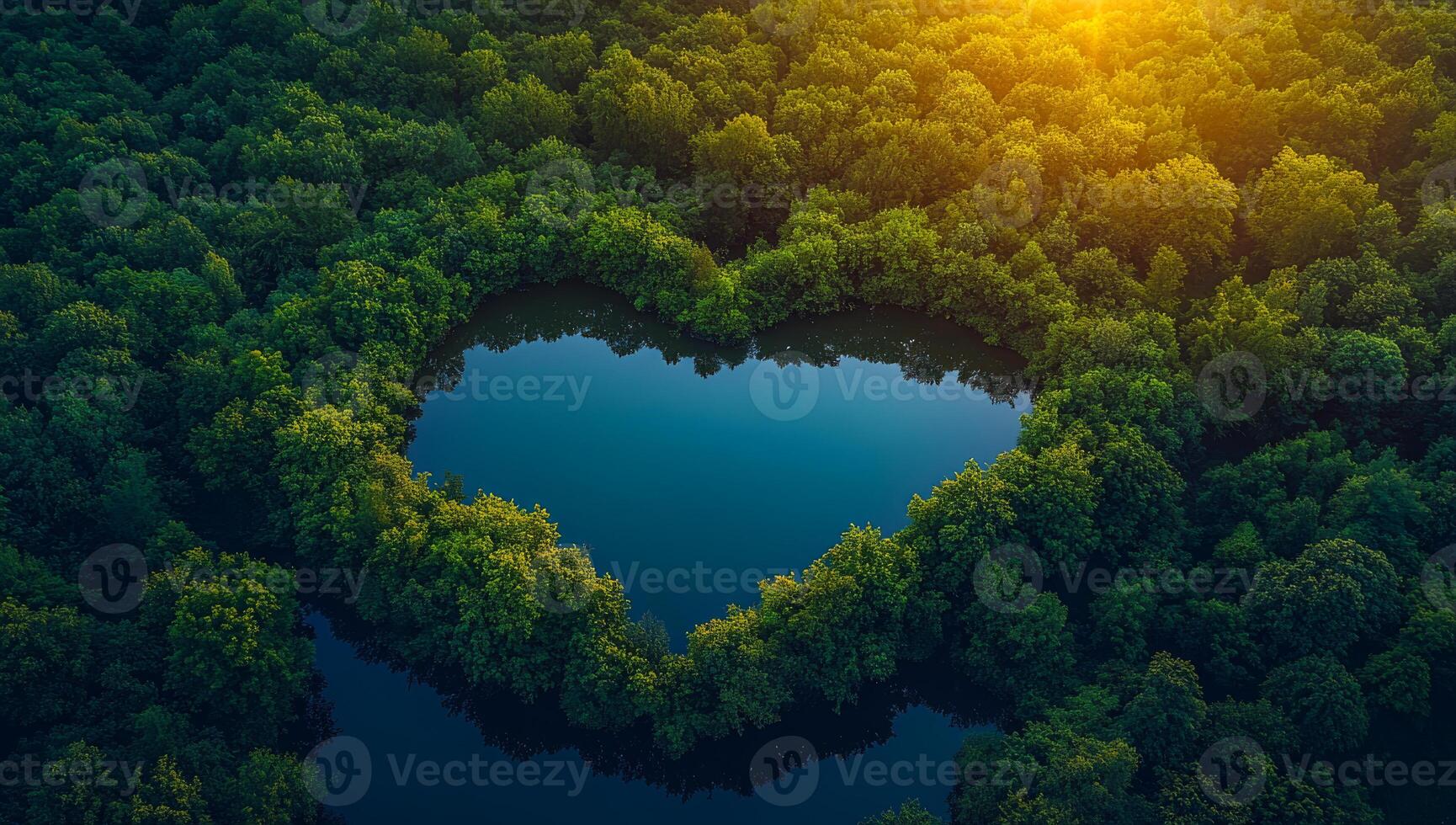 Heart-shaped lake with trees. A serene heart-shaped lake is embraced by vibrant green trees under a golden sunset sky. photo