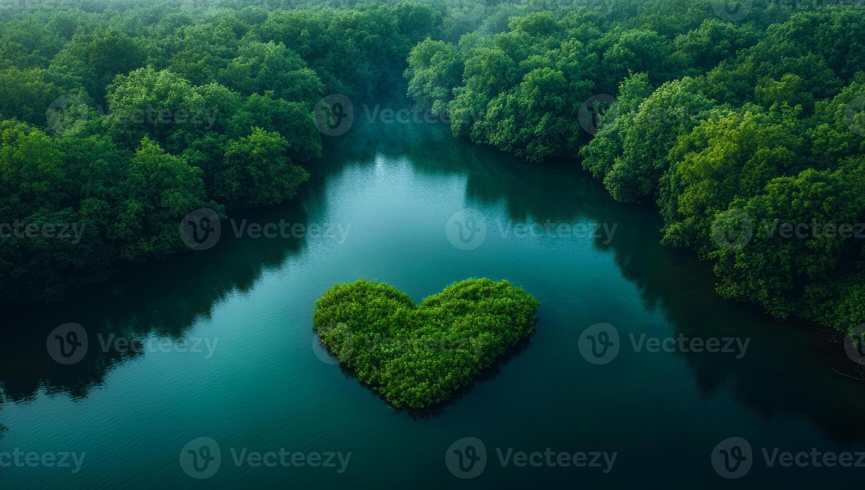 Heart-shaped island in a tranquil lake. A heart-shaped patch of greenery floats on calm water surrounded by lush trees, creating a serene natural landscape. photo