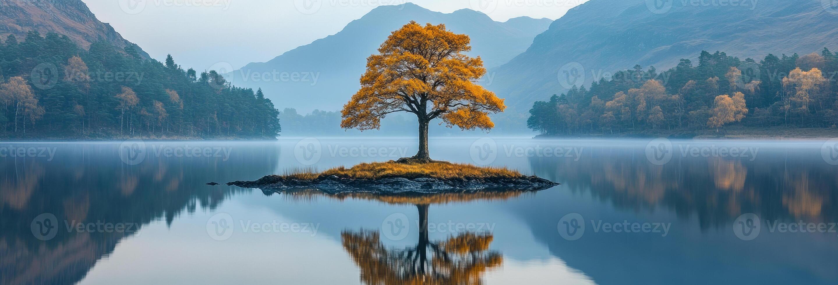 Tree in calm lake this autumn. An orange tree displays autumn leaves on a quaint island, mirroring in a calm lake by the mountains. photo