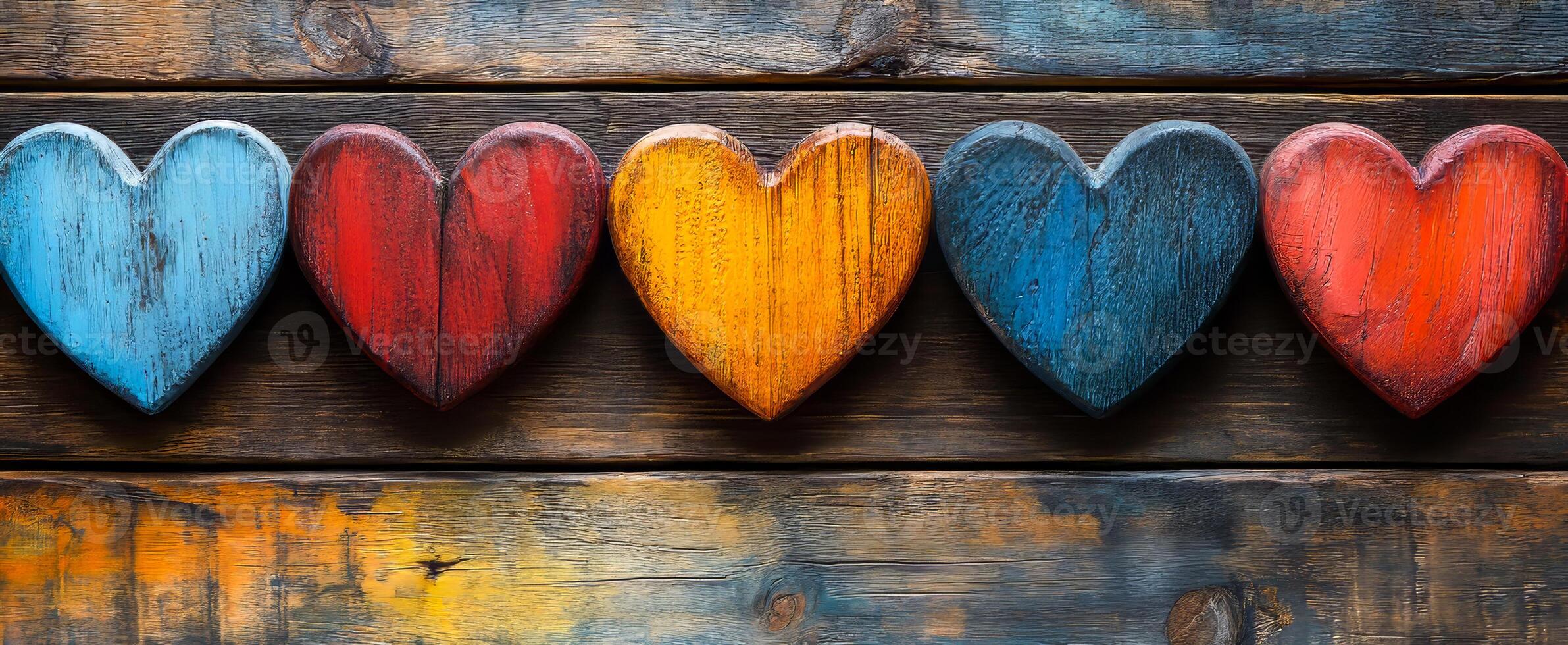 Wooden hearts on rustic wood. Five colorful wooden hearts are neatly arranged on a weathered surface, highlighting craftsmanship and love. photo