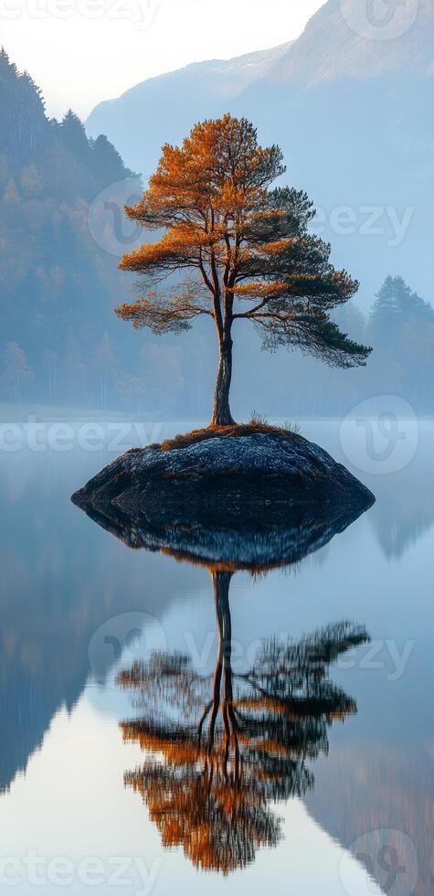 Lonely tree on lakeside island at dawn. A solitary tree stands on a small island, reflecting in still waters as morning fog gently surrounds the scene. photo