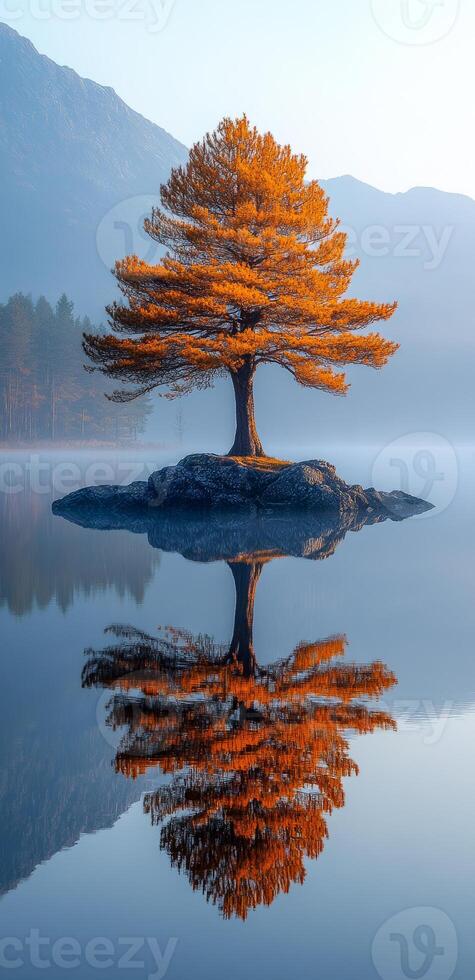 Golden tree reflected in serene water. A lone tree with golden leaves stands on a small island, reflecting with perfect clarity in calm waters at dawn. photo