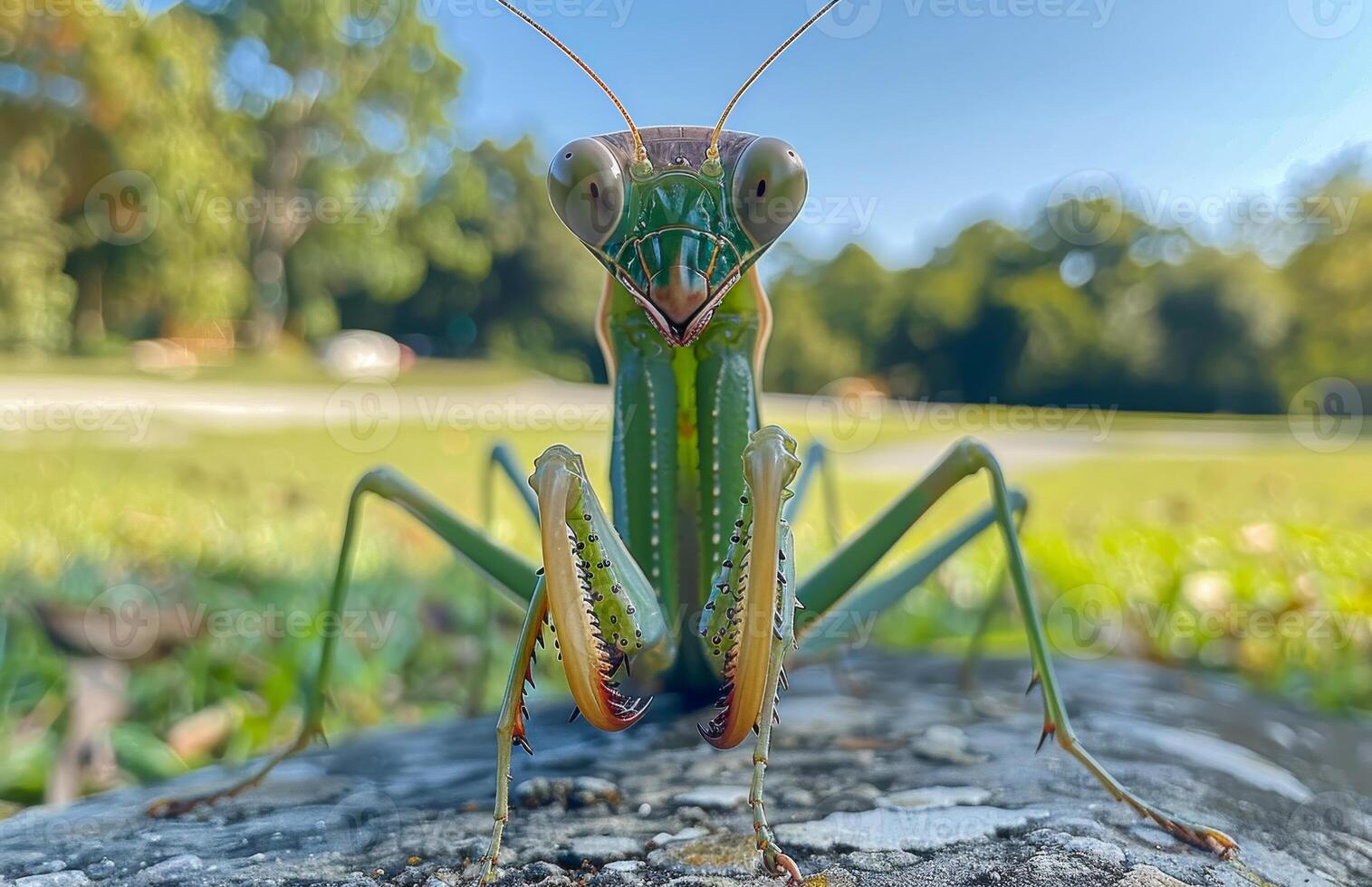 Mantis on a rock in nature. A large green mantis rests on a rock with a blurred natural background during daylight, showcasing its features. photo