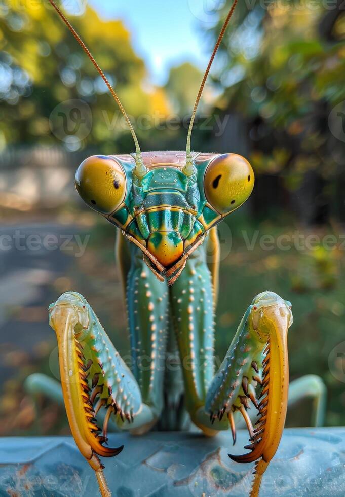 Colorful mantis in nature. A striking green mantis poses atop a surface, surrounded by foliage and soft light during the day. photo