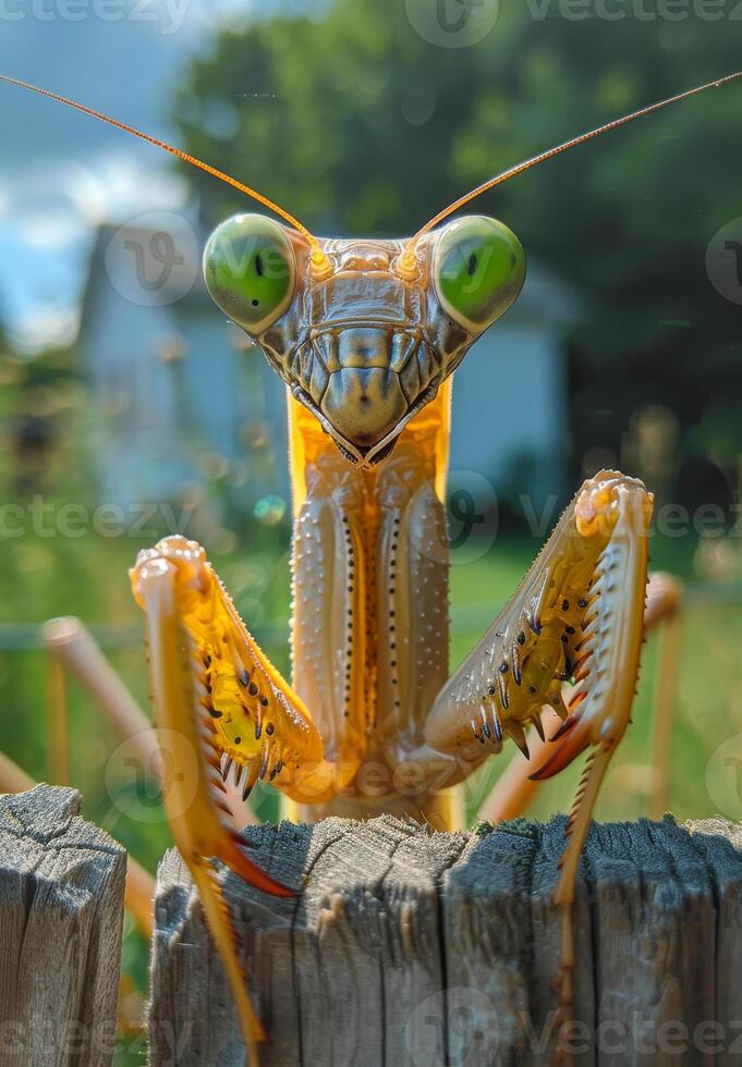 Mantis on a rock in nature. A large green mantis rests on a rock photo
