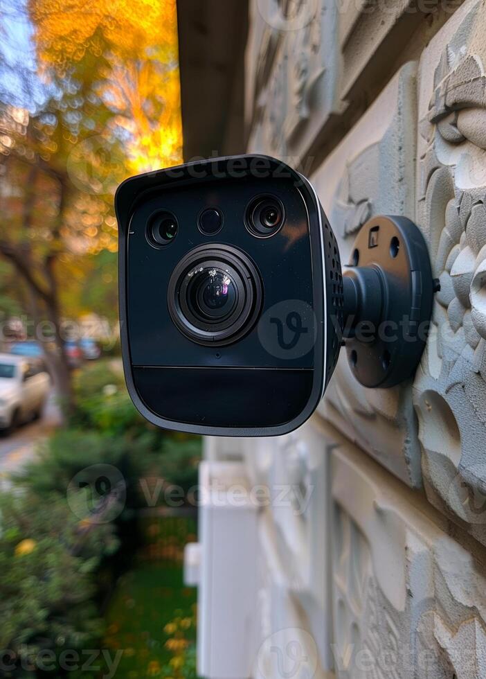 Security camera monitors street activity. A security camera is installed on a wall, observing the street in the evening with trees and parked cars nearby. photo