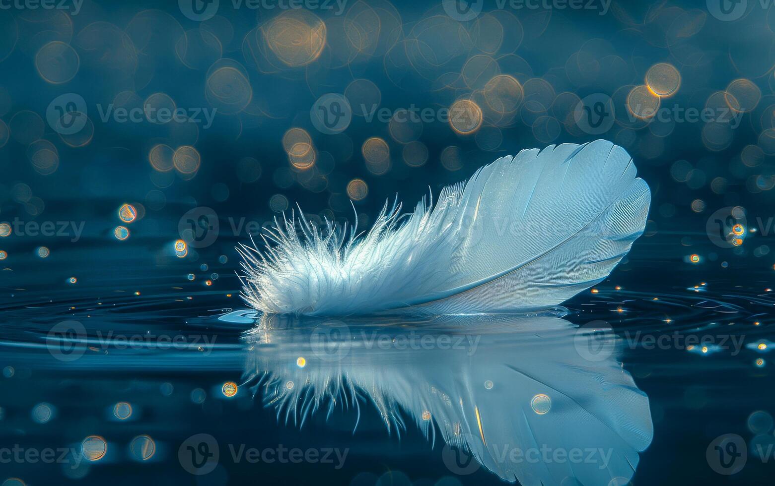Delicate white feather floating on water. A white feather floats on calm water, reflecting soft light and sparkling droplets in a serene scene. photo
