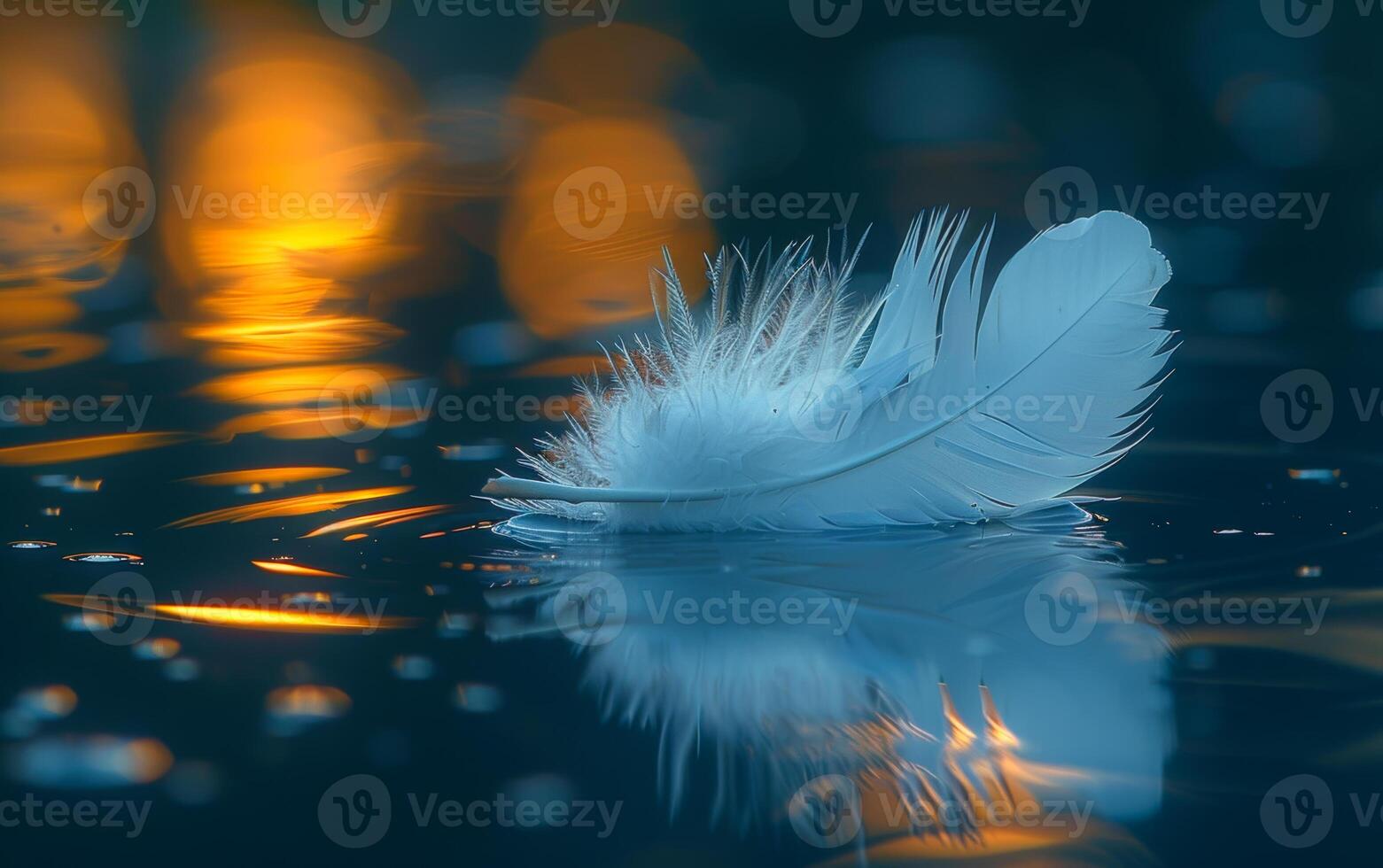 Delicate feather floating on calm water. A soft white feather drifts serenely on shimmering water, reflecting vibrant orange lights in the background at dusk. photo