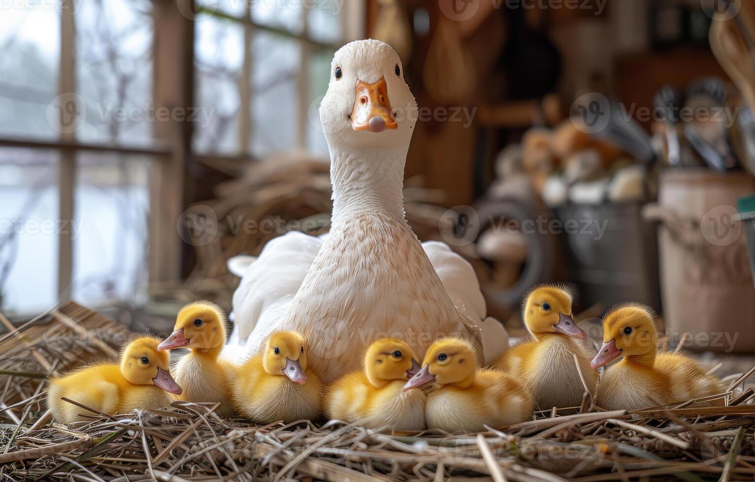Mother duck and her ducklings resting. A mother duck sits among her fluffy yellow ducklings in a cozy barn setting, surrounded by straw and rustic tools. photo
