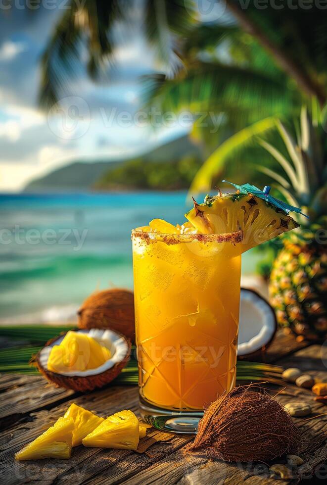 Refreshing tropical drink by the beach. A vibrant cocktail with pineapple sits on a wooden table by the ocean, surrounded by coconuts and tropical views. photo