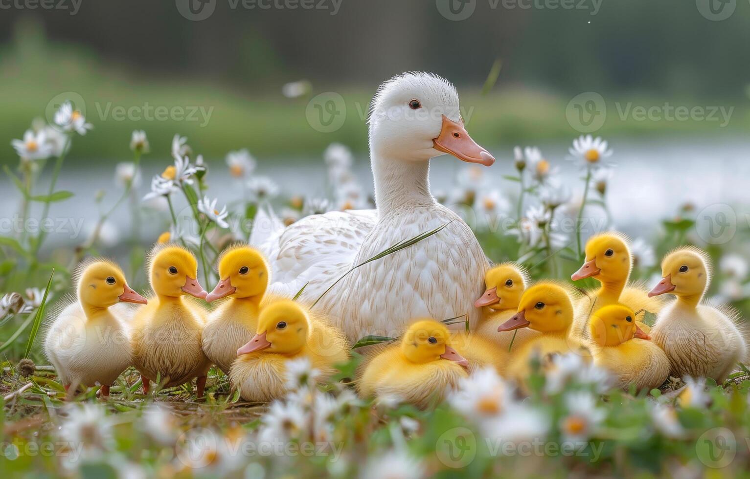 Duck family in a flower meadow. A mother duck and her cute ducklings wander through a meadow filled with white daisies beside a serene body of water. photo