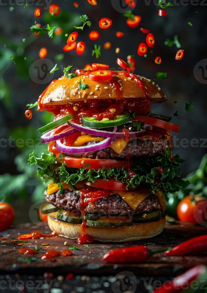 Tasty tall burger with fresh fixings. A towering burger stacked with patties, toppings, and spicy peppers, set against a dark backdrop with scattered herbs. photo
