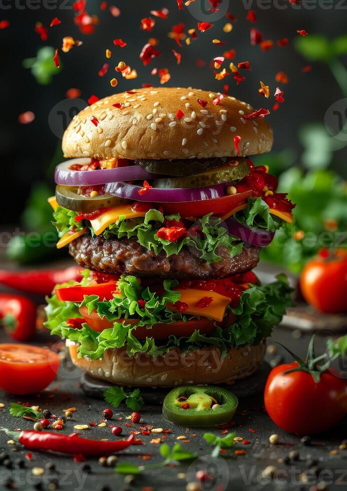 Tasty stacked burger with toppings. A towering burger piled with fresh veggies, cheese, and colorful spices, calling out to your hunger. photo