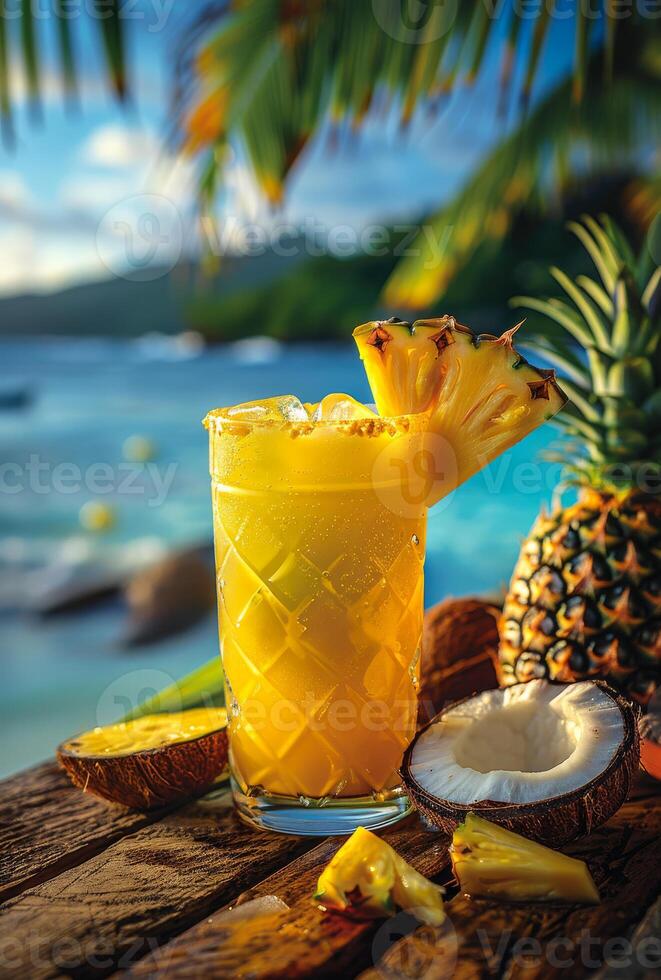 Pineapple coconut refresher. A colorful tropical drink on a wooden table, surrounded by fresh pineapple and coconut, perfect for a sunny beach day. photo