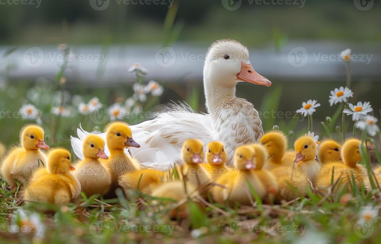 Mama duck and her ducklings outside. A mother duck watches over her lively yellow ducklings in a grassy field surrounded by daisies during daylight. photo