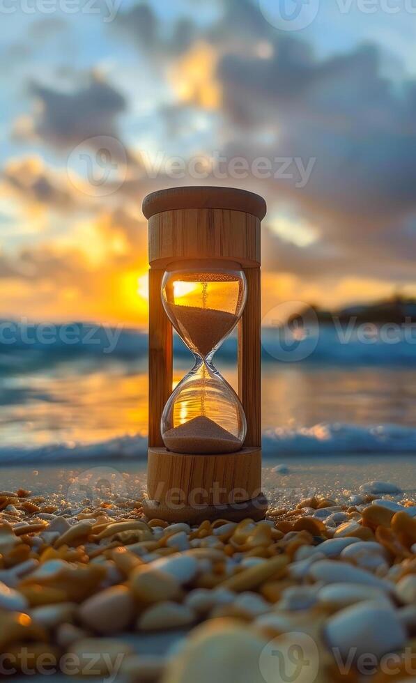 Hourglass at sunset by the beach. An hourglass rests on a sandy shore as the sun sets over the ocean waves, creating a serene moment. photo