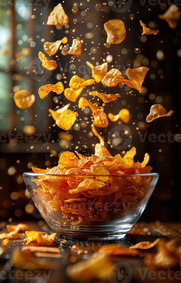 Potato chips flying from a glass bowl. Golden potato chips are airborne, creating a delightful display above a glass bowl filled with more chips. photo