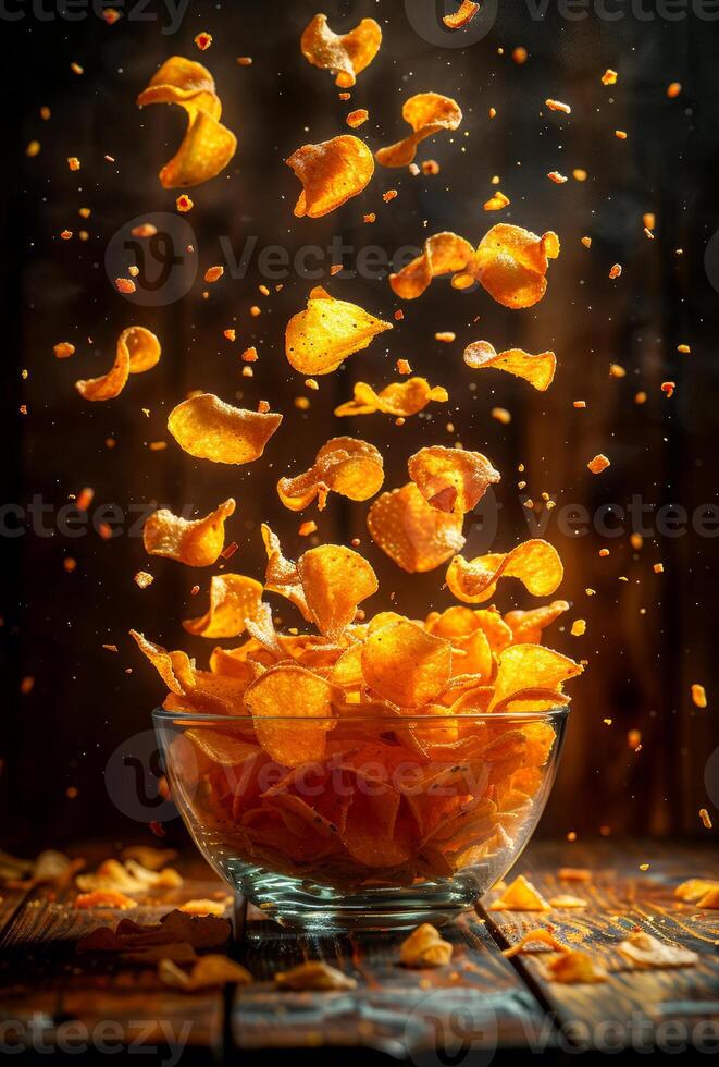 Crispy chips float in mid-air above bowl. Potato chips are suspended in the air above a glass bowl, creating a fun and dynamic snack display. photo