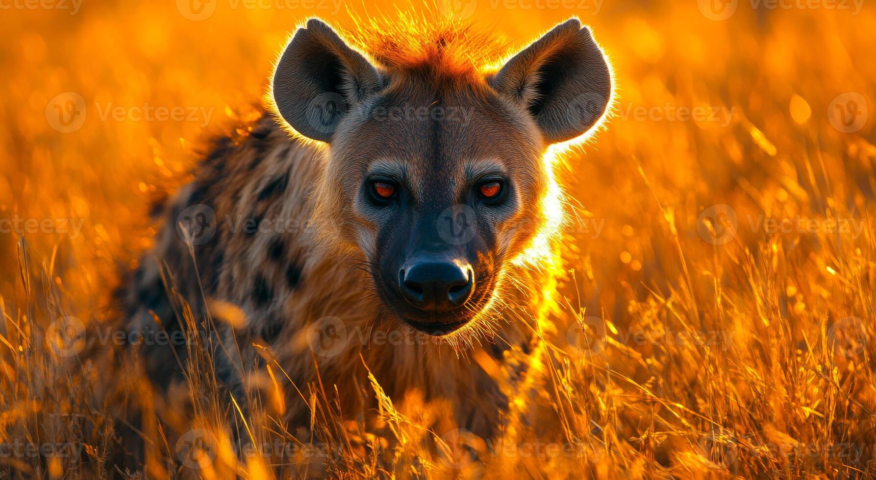 Hyena in golden grass at sunset. A hyena crouches in tall, golden grass during sunset, showcasing its distinct features and piercing eyes. photo