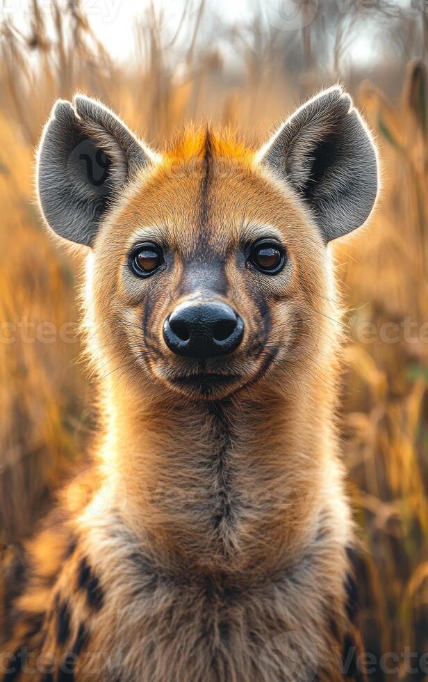 Captivating hyena with striking features. A hyena stands in a grassy field, showcasing its unique expression and fur during golden hour. photo
