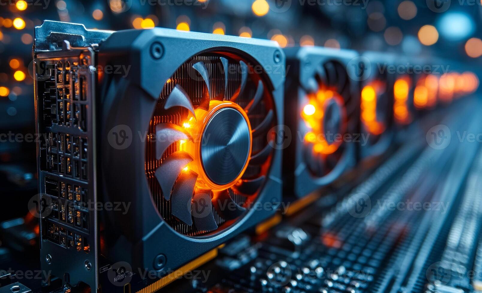 Powerful graphics cards at work. Orange lights illuminate powerful graphics cards, highlighting technology in gaming and computing setups. photo