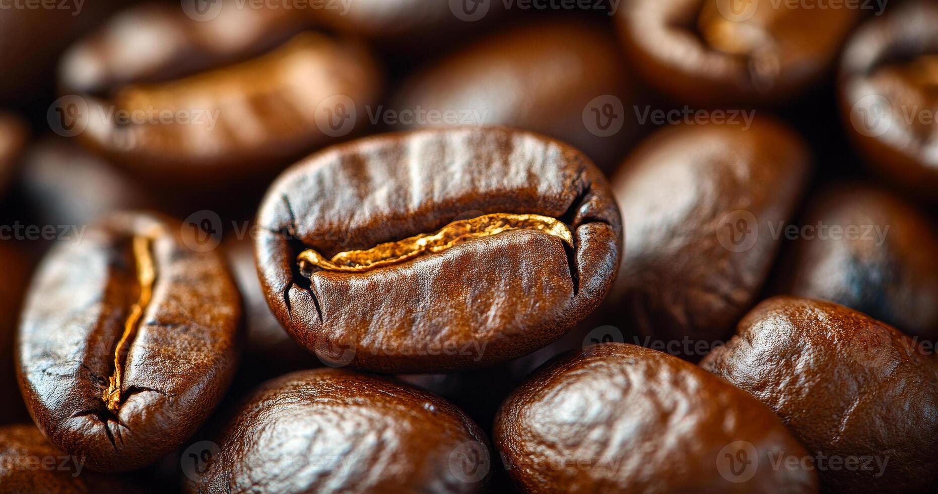 Coffee beans show rich color. Close-up of dark roasted coffee beans, showcasing their glossy surface and shape in natural light. photo