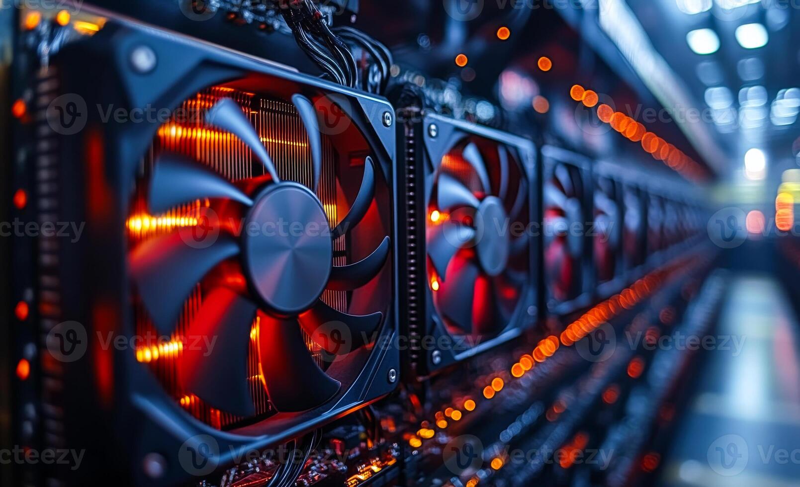 Cooling systems operate in a data center. Cooling fans keep the data center at optimal temperature for servers and tech equipment. photo
