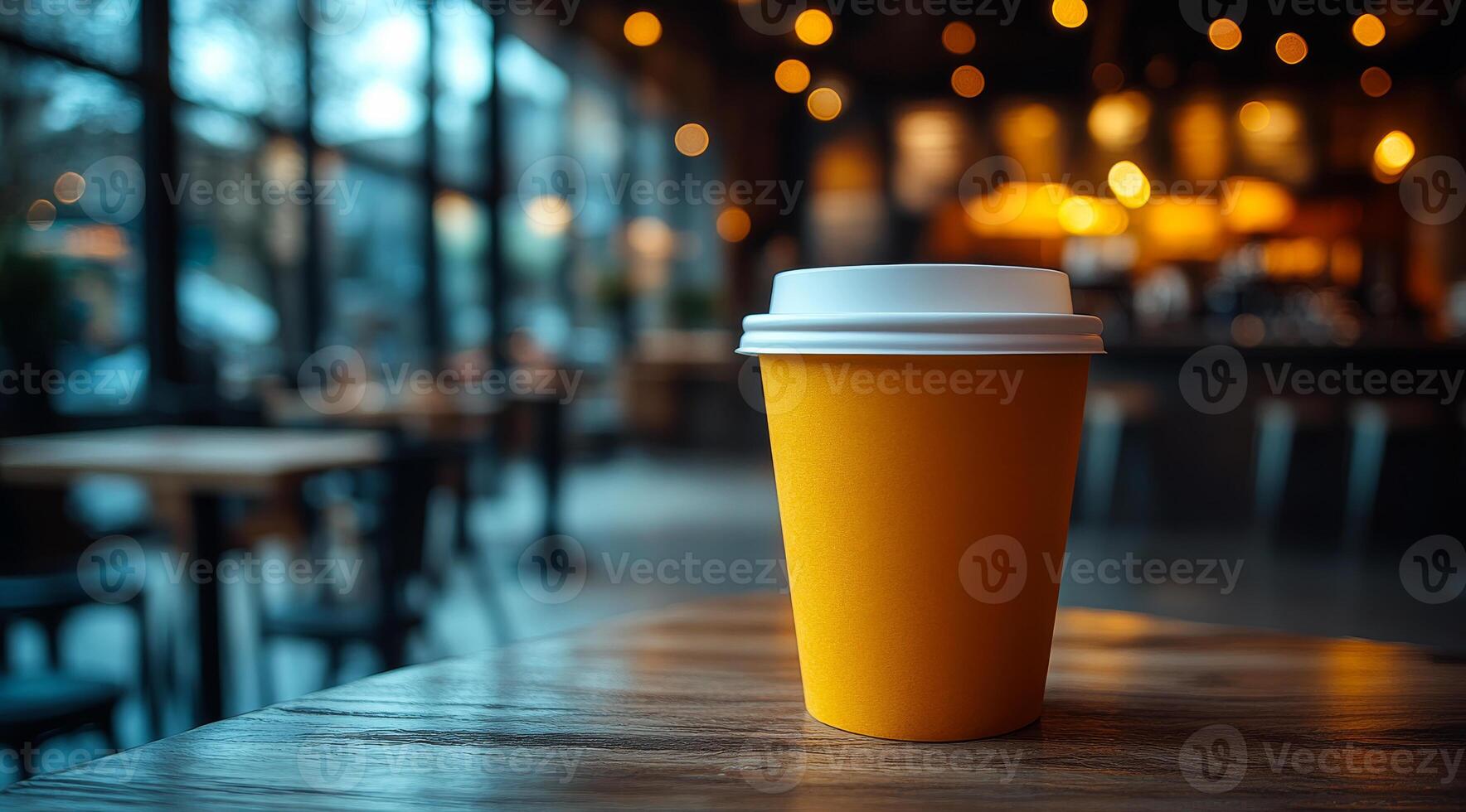 Warm coffee cup in cozy cafe setting. A bright yellow coffee cup sits on a wooden table in a warm, inviting cafe with soft lighting and a relaxed atmosphere. photo