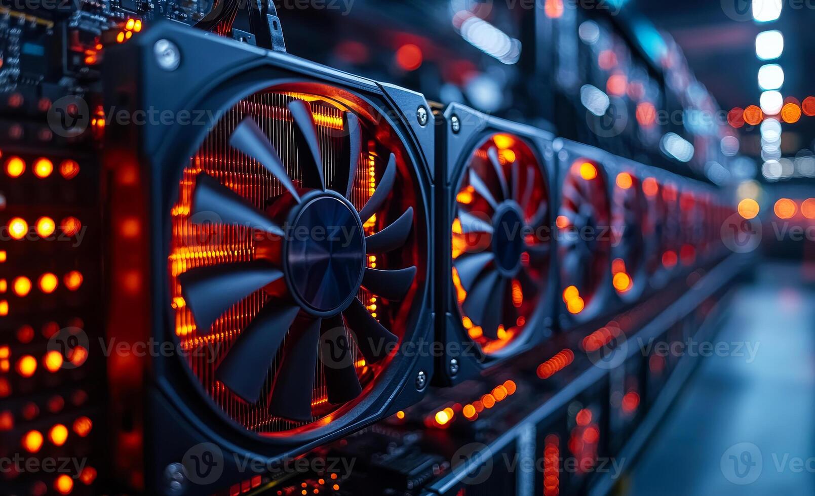 Crypto miner cooling system. Fans spin rapidly, emitting a warm glow, while powerful machines operate in a dark mining facility. photo