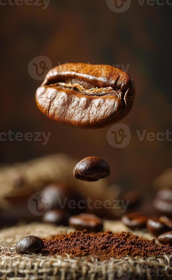 Coffee bean levitating above ground. A single coffee bean hovers above freshly ground coffee on a textured surface, showcasing rich colors and textures. photo