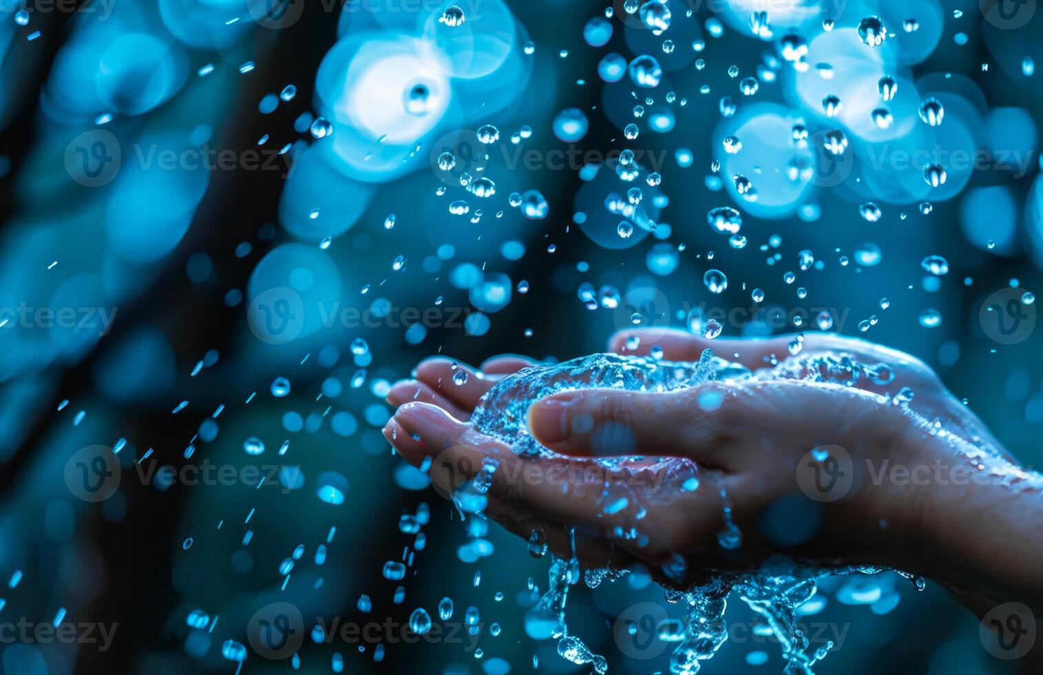 Hands catching droplets in soft rain. Water droplets splash into open hands against a soft blue backdrop, creating a serene moment of connection. photo