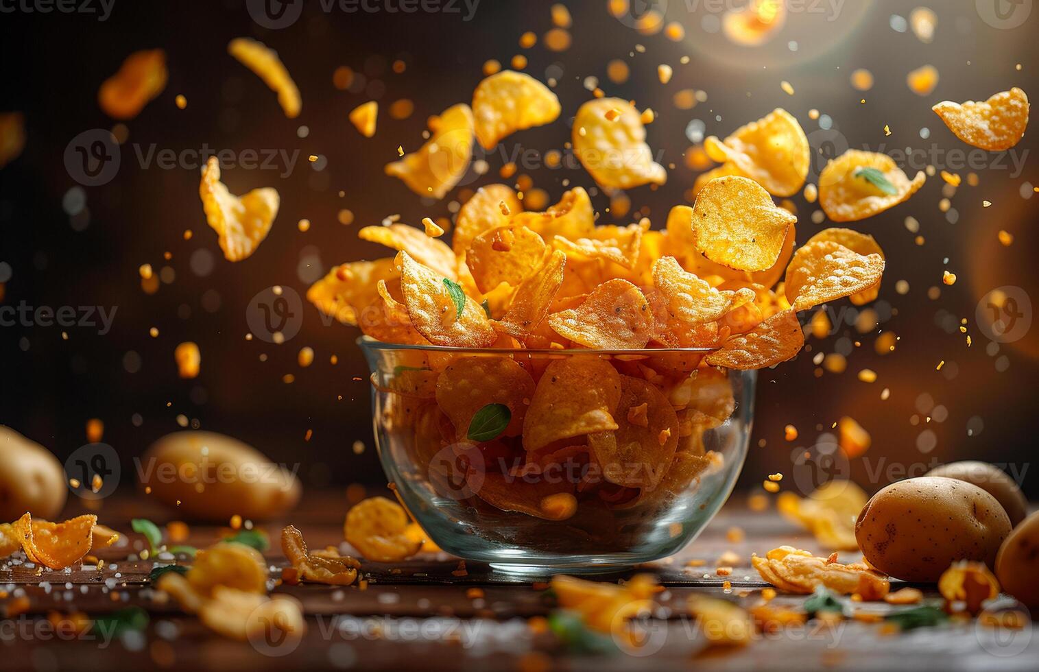 Delicious potato chips flying in the air. Crispy potato chips burst out of a glass bowl, sprinkled with salt, creating a vibrant, snack-filled moment. photo