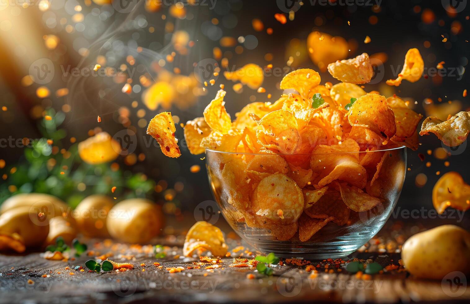 Crunchy potato chips flying in the air. Golden light illuminates flying potato chips in a lively, dynamic display. photo