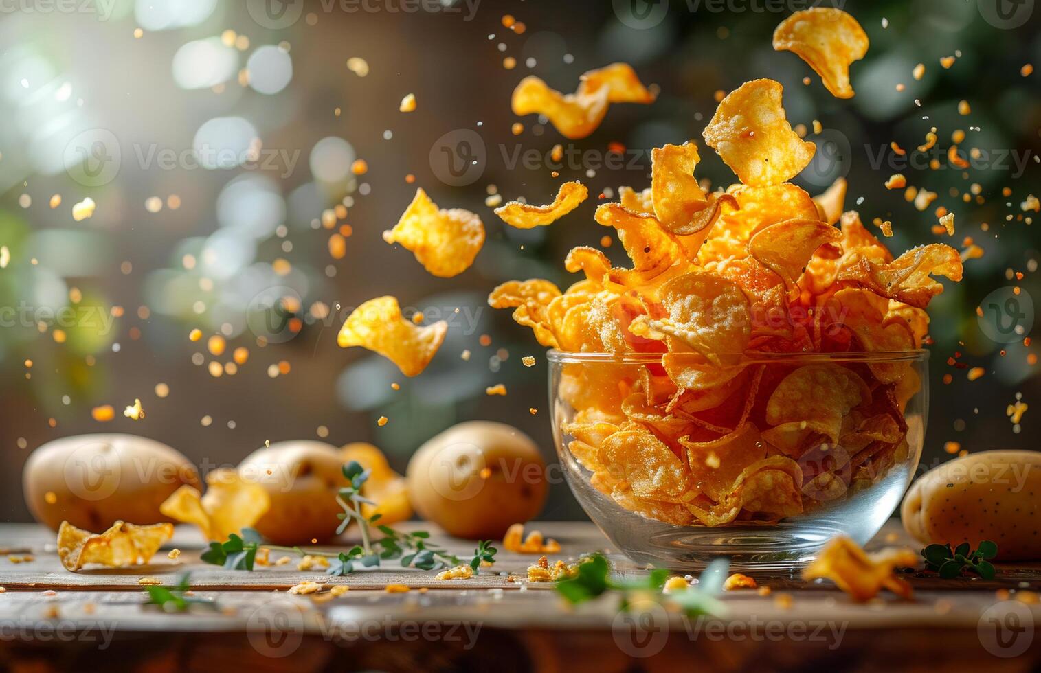 Crispy potato chips flying from a bowl. Delicious potato chips burst from a glass bowl surrounded by whole potatoes and herbs, capturing a moment of crunch. photo