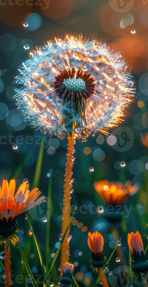 Dandelion glistening at sunset. A dandelion sparkles with dew among vibrant flowers at sunset, creating a serene and enchanting scene. photo