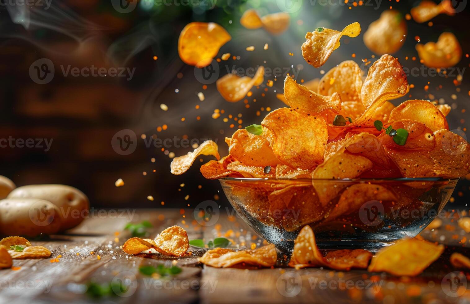 Crispy potato chips flying from a bowl. Deliciously fried potato chips tumble from a glass bowl, scattering seasoning on a rustic wooden table. photo