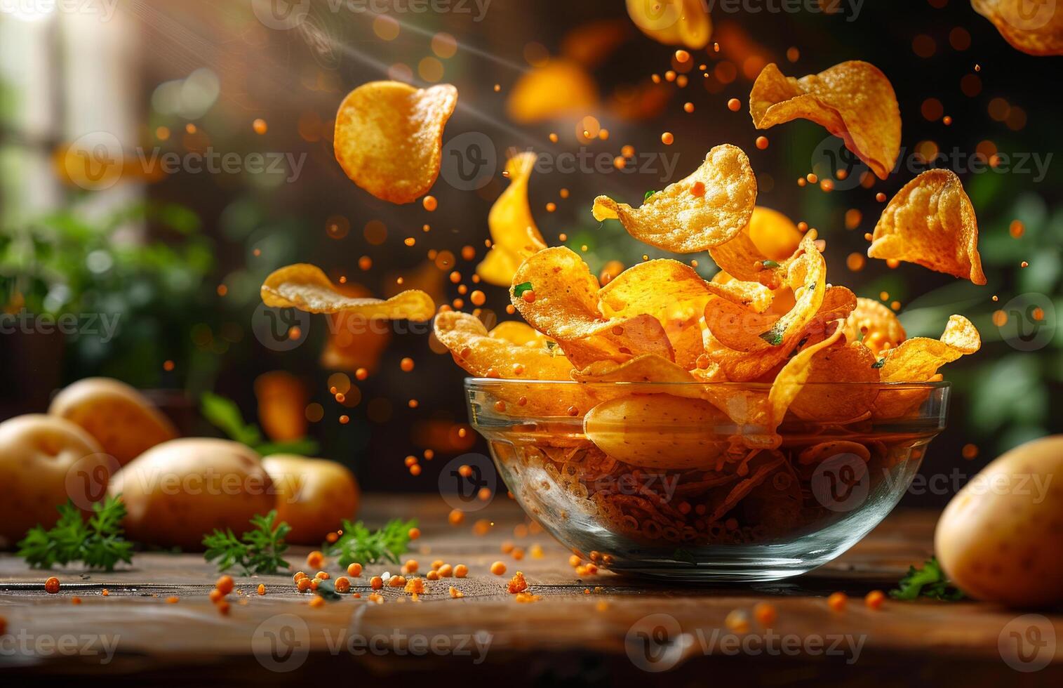 Crispy potato chips flying from bowl. Golden potato chips are airborne above a glass bowl surrounded by fresh potatoes and scattered seasonings. photo