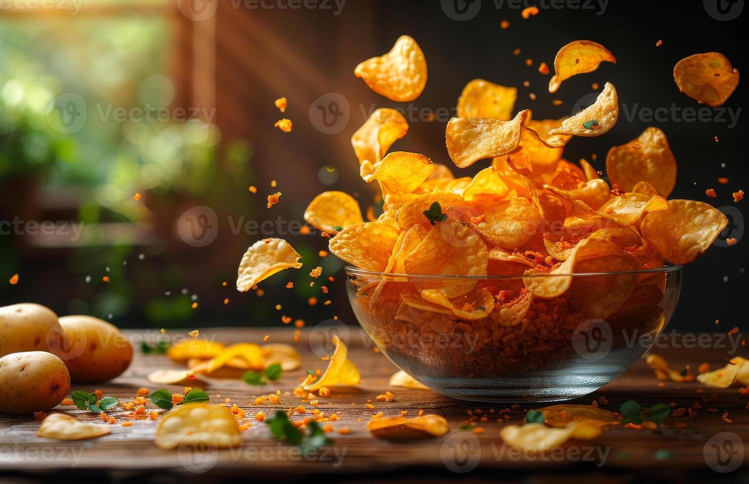Freshly made chips fly into a bowl. Crispy potato chips are airborne as they are tossed into a clear glass bowl on a wooden table, surrounded by potatoes. photo