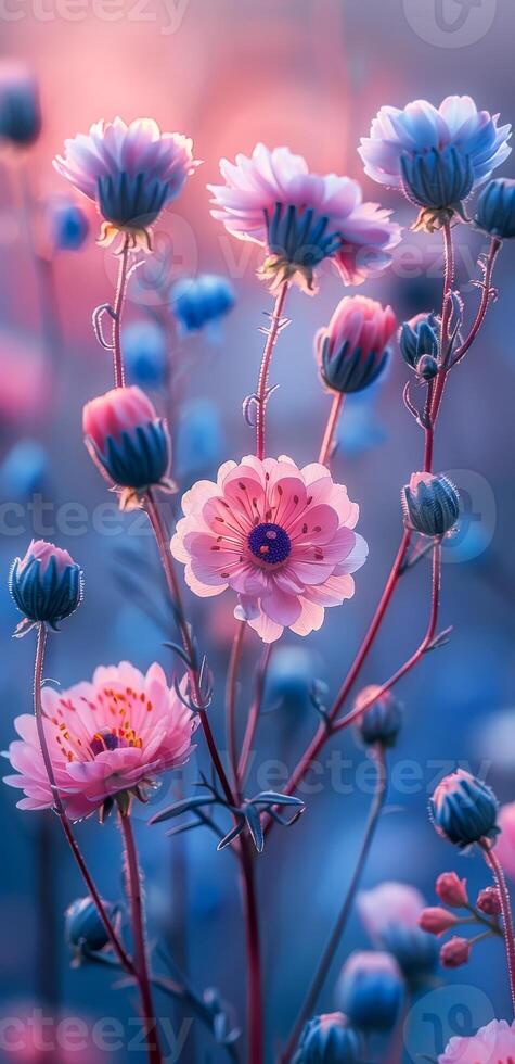 Colorful wildflower bloom at sunset. Wildflowers showcasing vibrant colors sway gently in the evening light, creating a serene and picturesque landscape. photo