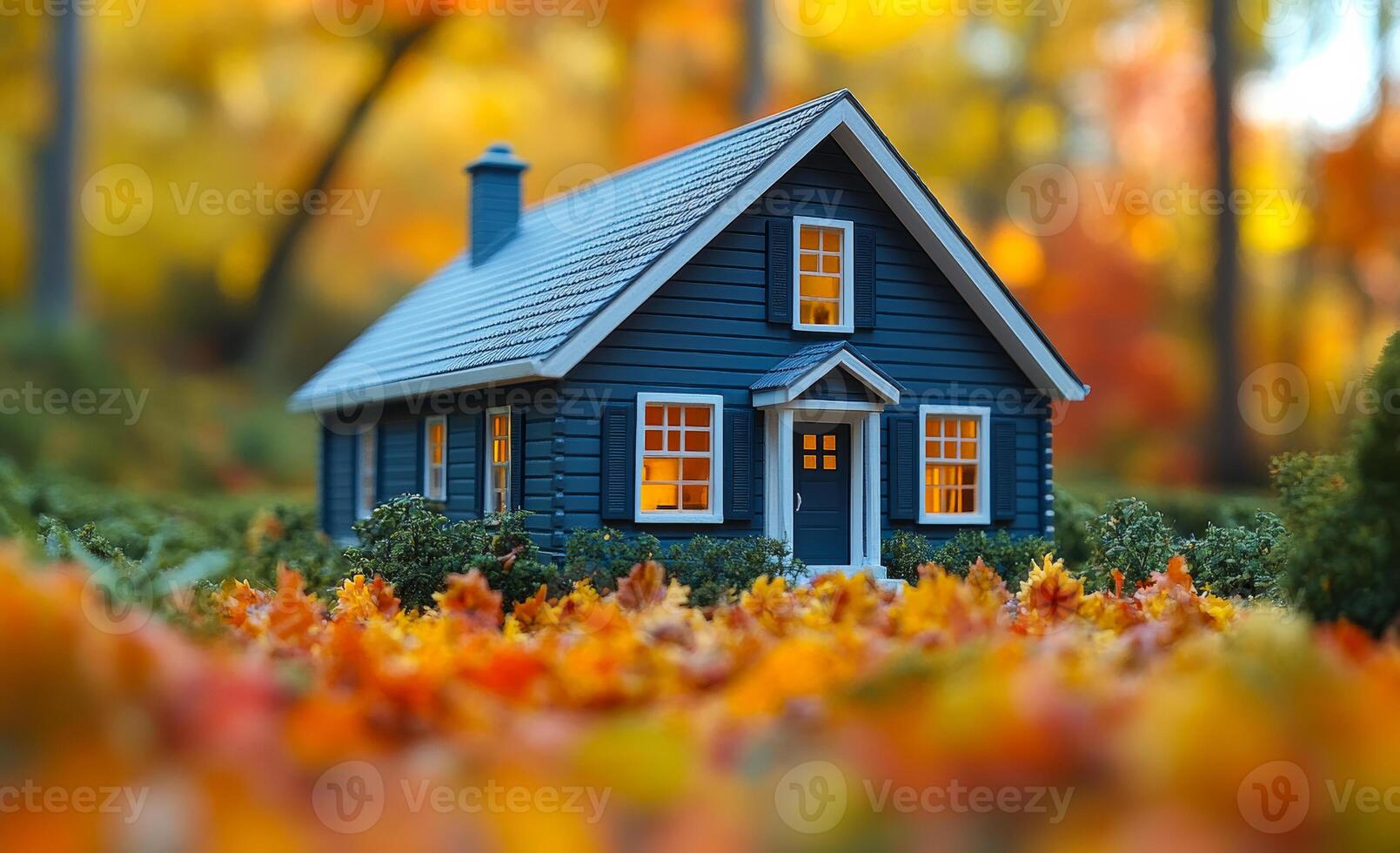 Miniature blue house among autumn leaves. A small blue house stands surrounded by vibrant orange and yellow autumn leaves, creating a peaceful autumnal setting. photo