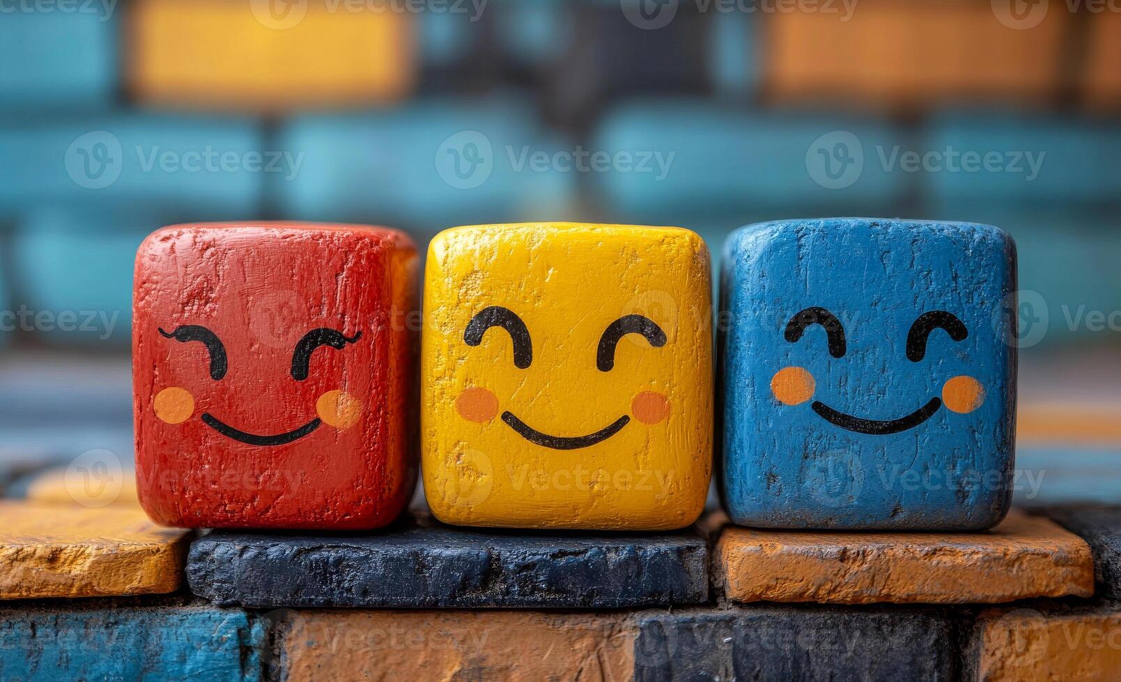Smiley face blocks on display. Three colorful wooden blocks photo